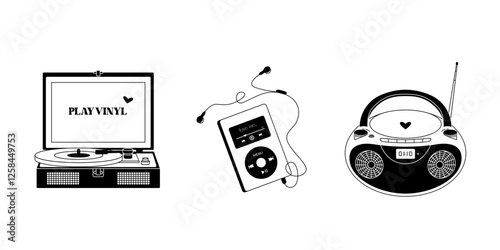 Retro music player devices. Cartoon analog audio equipment, vintage vinyl recorder mp3 player boombox, old hipster media technology flat style. Vector isolated monochrome set