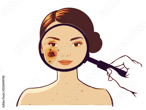 A dermatologist using a magnifying glass to inspect a mole on a patient's skin, isolated on white background.
