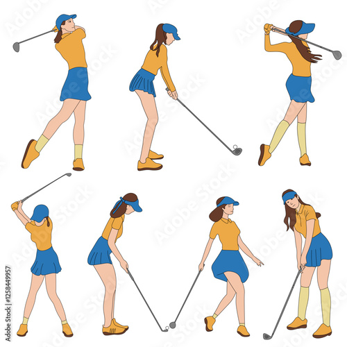 girls golf pose exercise player figure element clipart