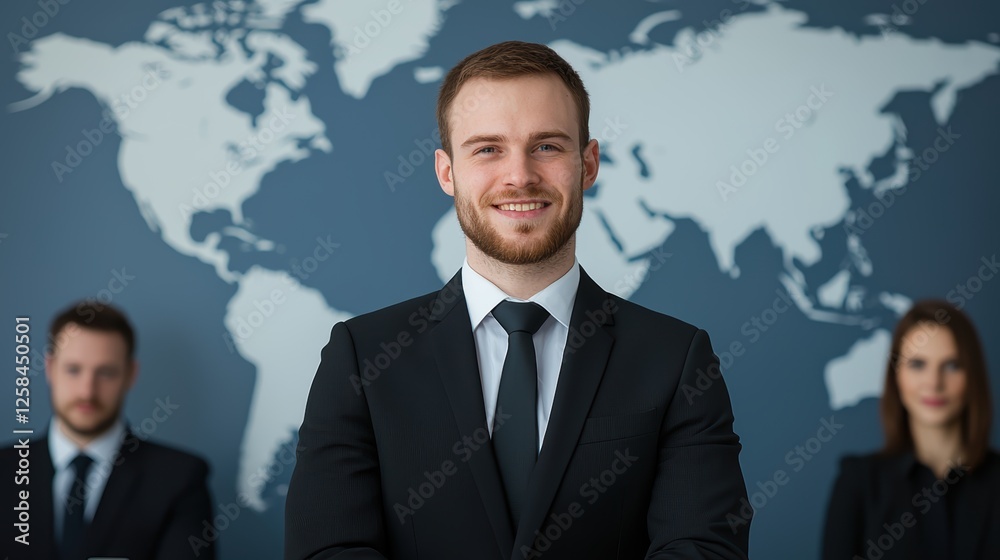 Global businessman, a man in suit stands before world map, representing international commerce and opportunities Global businessman, a man in suit stands before world map, representing international commerce and opportunities