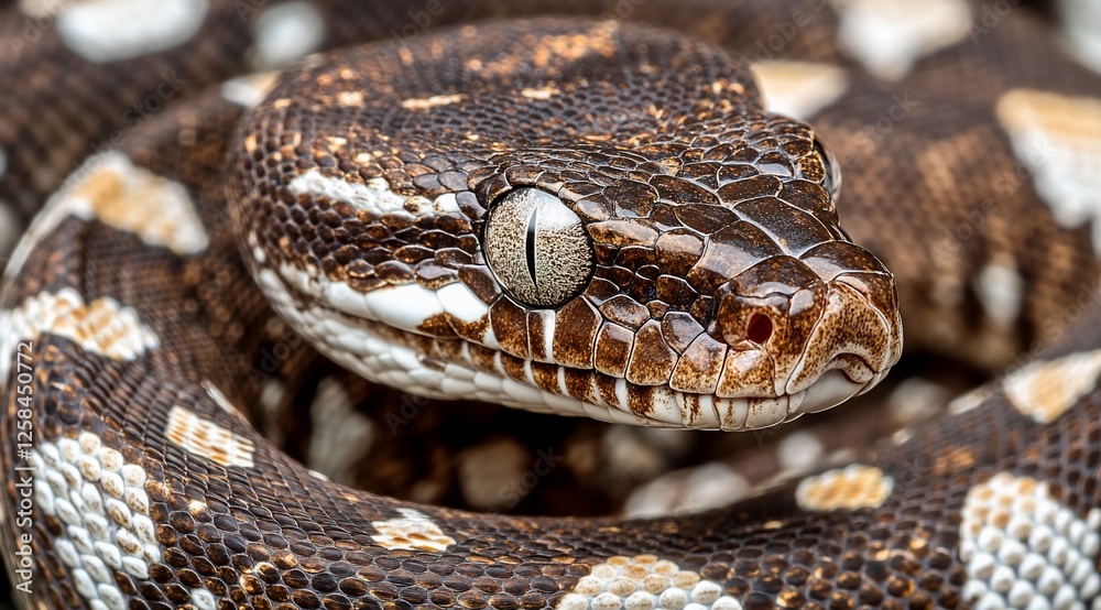 Close-up of a brown and white patterned python's head and coils. Close-up of a brown and white patterned python's head and coils.
