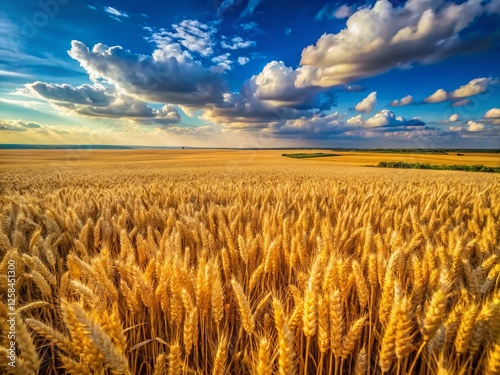 Aerial View Golden Wheat Field Blue Sky Background - Agriculture Harvest Nature