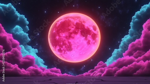 Surreal pink moon rising over neon clouds. Dreamy, vibrant night sky artwork.