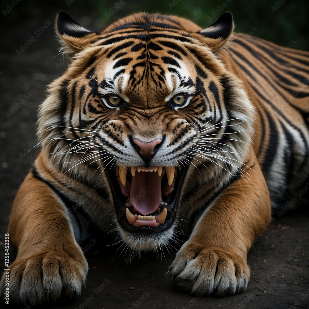 Obraz premium Majestic Roaring Tiger with Striking Features, A fierce tiger with vibrant stripes and an intense expression, perfect for wildlife enthusiasts and art projects.
