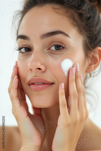 Young woman applying foaming facial cleanser for skincare routine