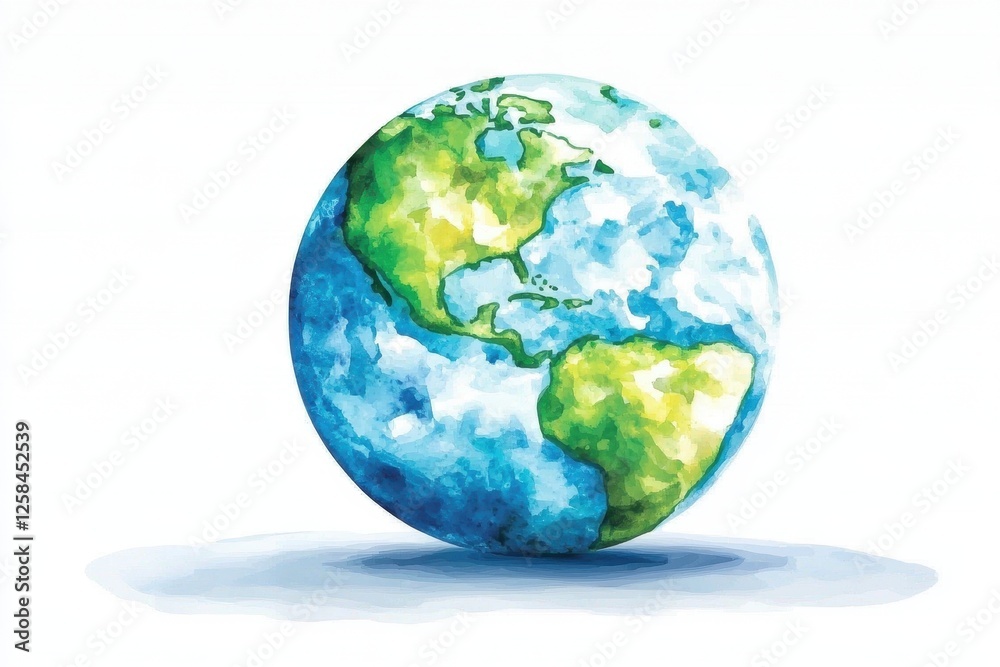 Fototapeta premium World water day. Watercolor illustration of Earth with visible continents and clouds.