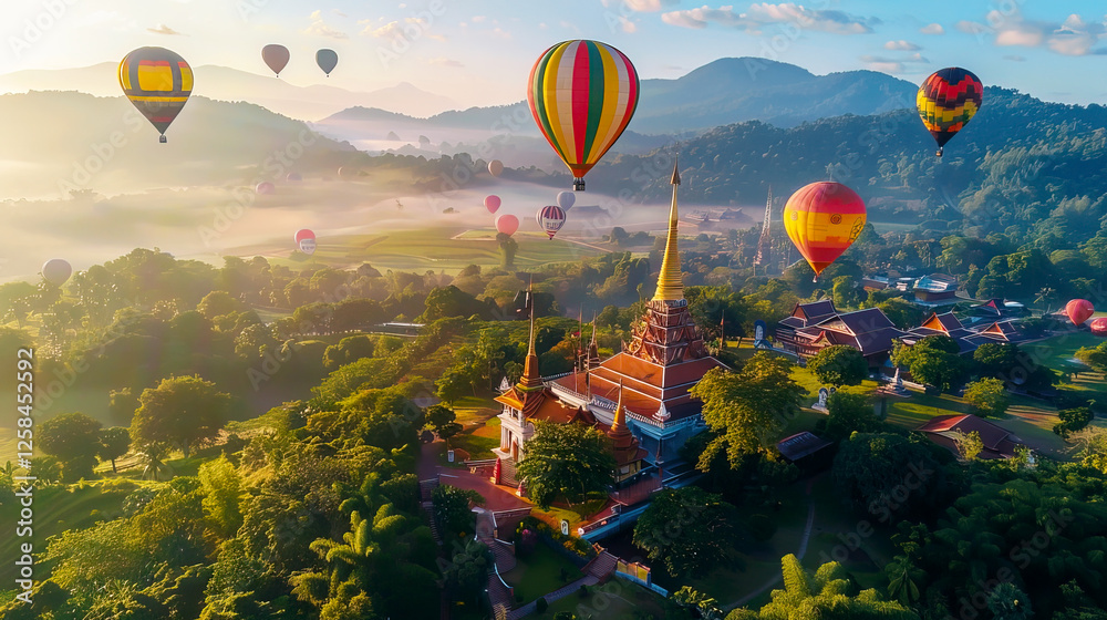 Fototapeta premium Colorful Hot Air Balloons Over Scenic Landscape at Sunrise
