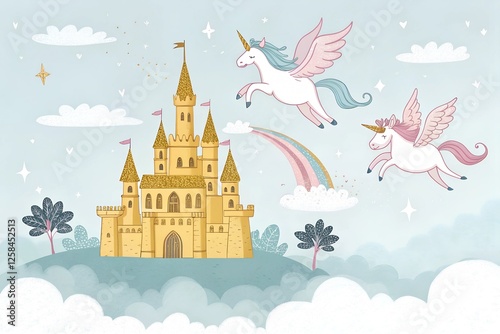 A resplendent golden castle rests among the soft clouds, twinkling with stardust, exuding an aura of mystery and enchantment.