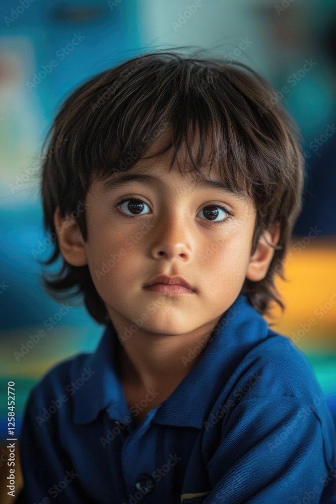 A young boy smiling directly at the camera, wearing a bright blue shirt A young boy smiling directly at the camera, wearing a bright blue shirt