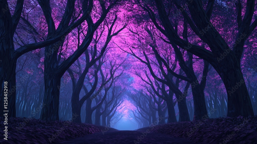 Ethereal Pathway Surrounded by Vibrant Purple Trees in Twilight Ethereal Pathway Surrounded by Vibrant Purple Trees in Twilight