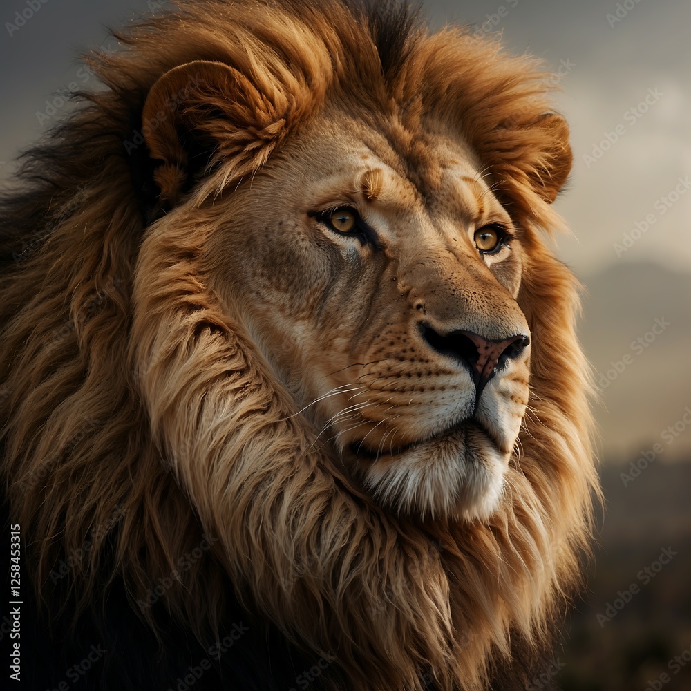 Majestic Lion Portrait with Regal Mane, A powerful lion with a thick, golden mane, symbolizing strength and leadership in nature. Majestic Lion Portrait with Regal Mane, A powerful lion with a thick, golden mane, symbolizing strength and leadership in nature.