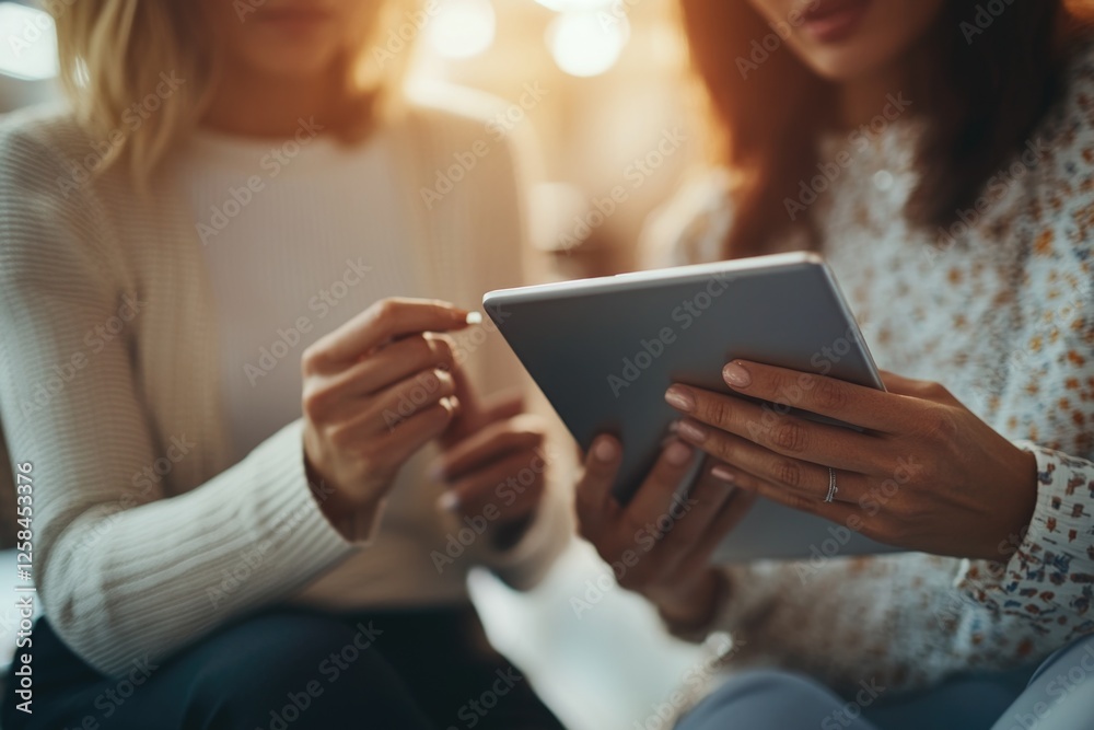 Two people seated on a couch looking at a tablet screen Two people seated on a couch looking at a tablet screen