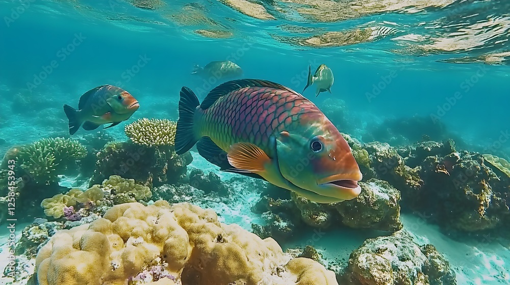 Fototapeta premium Colorful fish swimming among vibrant coral reefs in a clear ocean, showcasing marine life diversity