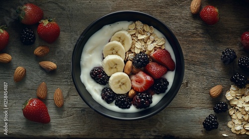Wallpaper Mural Delicious yogurt parfait with strawberries, blackberries, banana, almonds, and oats in a black bowl on a rustic wooden surface. Torontodigital.ca