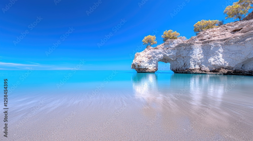 Fototapeta premium Coastal rock arch, turquoise water, beach, sunny sky, travel poster