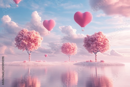 Floating pink heart balloons above tree-lined path