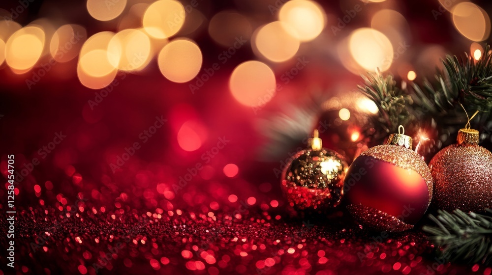 Festive golden bokeh lights on a deep red background, generative ai Festive golden bokeh lights on a deep red background, generative ai
