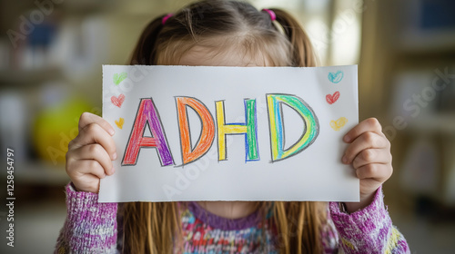 Young girl holds ADHD text written on paper. Closeup of kid holding paper and admitting suffering from attention deficit hyperactivity disorder. Generative AI