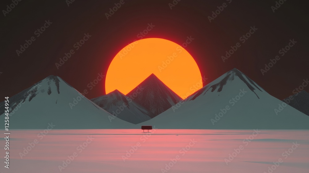 A vibrant sunset casts a warm glow over a minimalist landscape of snow-capped mountains. A vibrant sunset casts a warm glow over a minimalist landscape of snow-capped mountains.