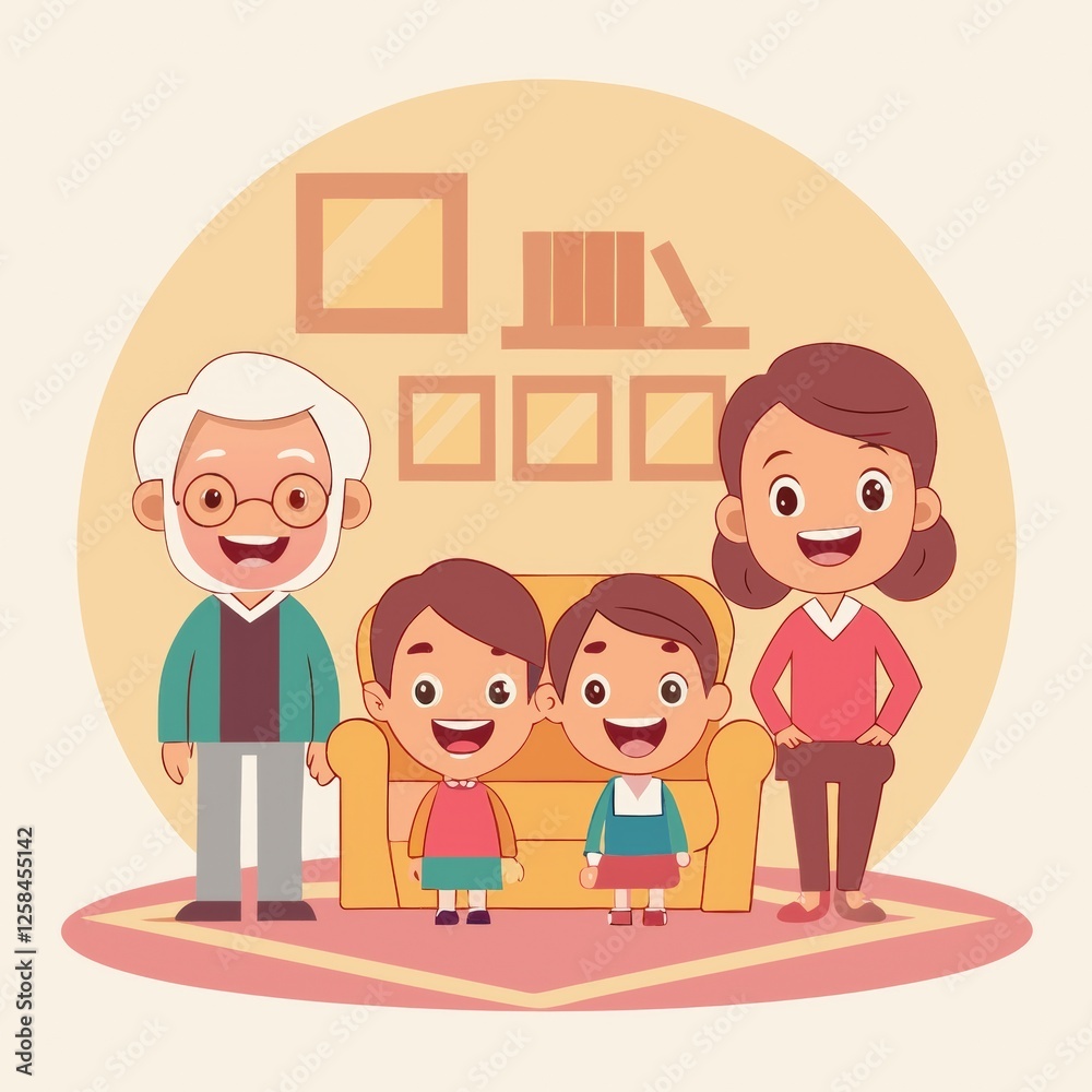 Happy multi-generational family gathered in a cozy living room, laughing and bonding, warm lighting. Family cartoon Happy multi-generational family gathered in a cozy living room, laughing and bonding, warm lighting. Family cartoon