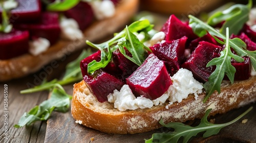Close-up of two delicious beet and goat cheese crostini topped with fresh arugula on rustic wooden board.