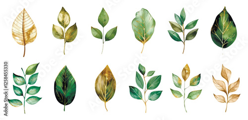 Watercolor green leaves with golden elements png. Golden green tropical leaves wedding bouquet with gold splashes isolated on white background. 