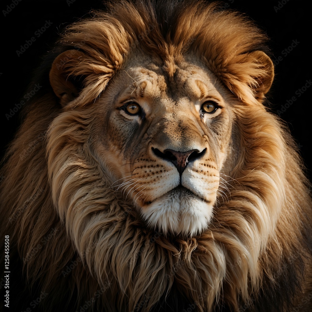 Fototapeta premium Majestic Lion Portrait with Regal Mane, A powerful lion with a thick, golden mane, symbolizing strength and leadership in nature.