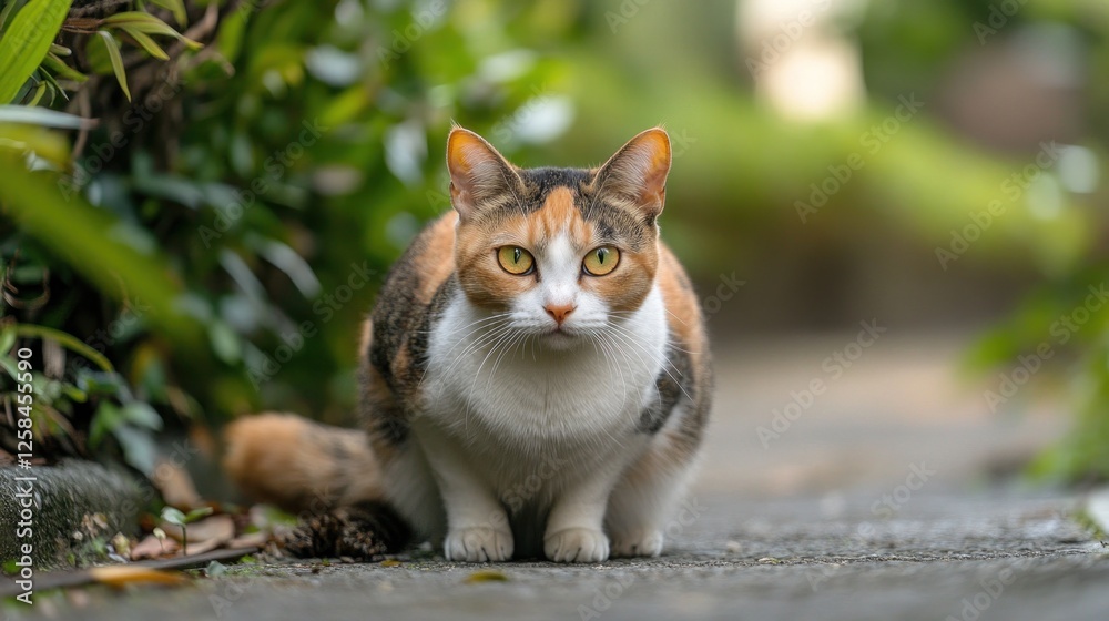 Calico cat sitting outdoors, looking directly at camera. Calico cat sitting outdoors, looking directly at camera.