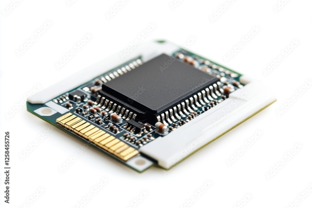 A high-quality close-up image of a microchip on a white surface A high-quality close-up image of a microchip on a white surface