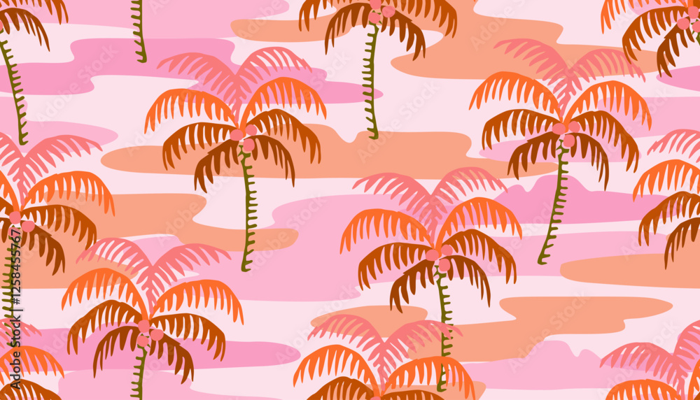Tropical seamless pattern with hand drawn palm trees. Hawaiian summer background for fabric, textiles, clothing, poster, cover, decoration, banner, wallpaper, interior decor. Vector illustration.