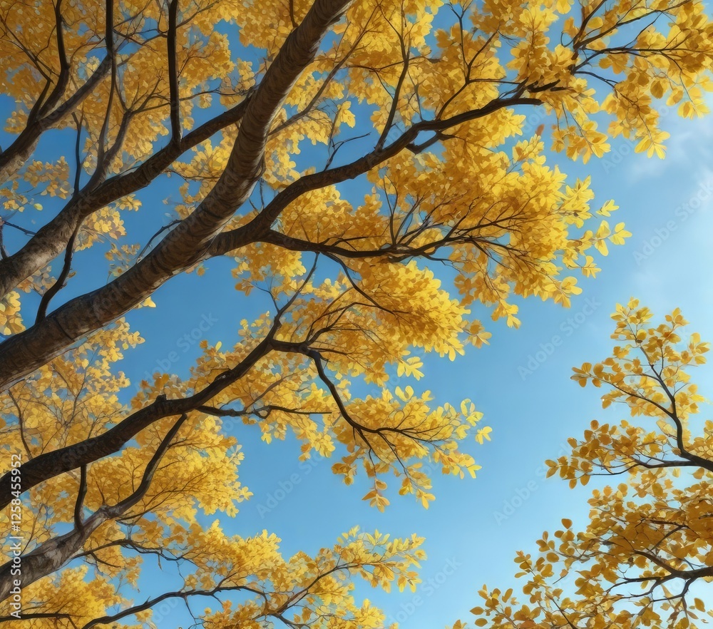 Dense branches heavy with vibrant yellow leaves stretching towards a bright blue sky , outdoor landscape, tree branches Dense branches heavy with vibrant yellow leaves stretching towards a bright blue sky , outdoor landscape, tree branches