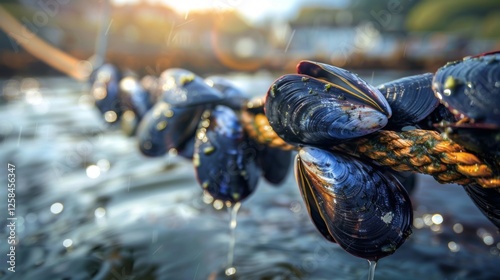Fresh mussels cling to a rope in tranquil waters as sunlight filters through, creating a serene atmosphere near a coastal settlement during the late afternoon.