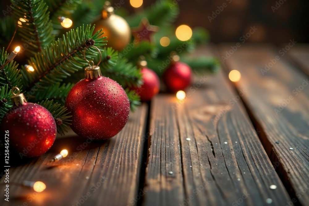Sparkling Christmas decorations on a rustic wooden table, Winter Wonderland, Christmas Decorations, Sparkling Ornaments Sparkling Christmas decorations on a rustic wooden table, Winter Wonderland, Christmas Decorations, Sparkling Ornaments