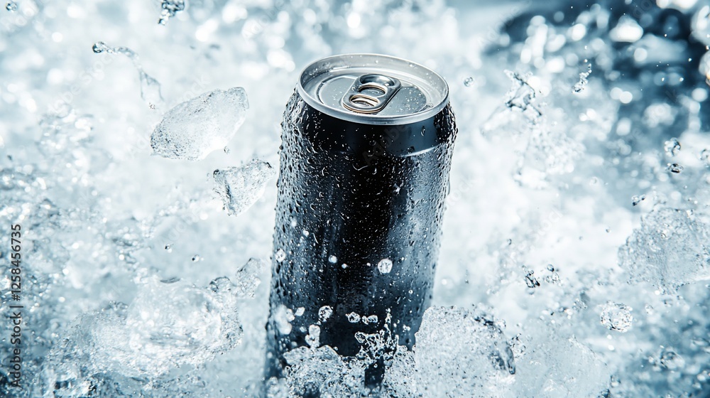 Cold black aluminum can in ice water splash. Cold black aluminum can in ice water splash.