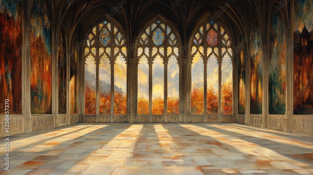 Obraz premium Serene autumnal light floods a grand hall through stunning stained-glass windows, illuminating the stone floor.