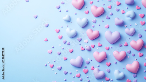 Valentines day sky blue gradient with floating pastel pink and lavender hearts, banner design with copy space for text.