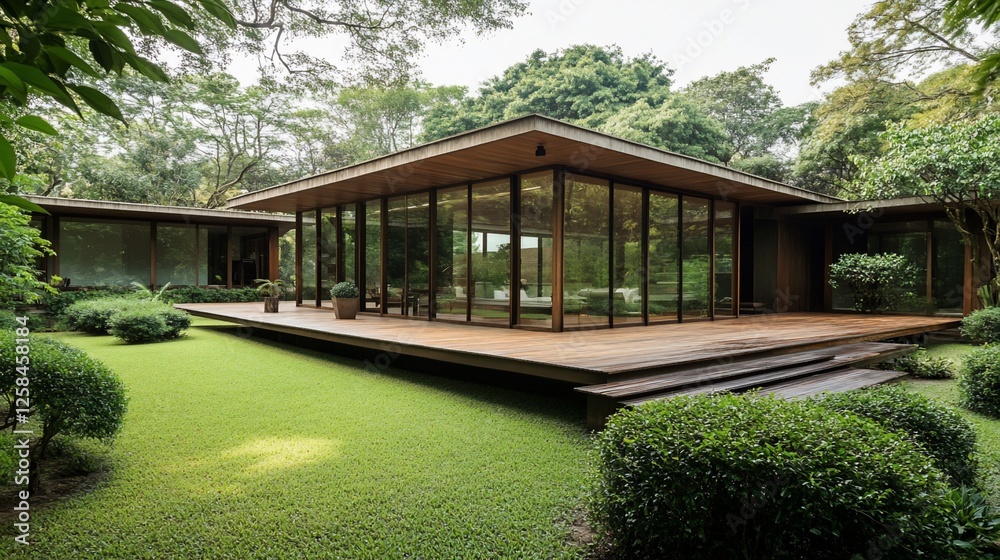 Modern house with large glass windows and wooden deck surrounded by lush green landscaping. Modern house with large glass windows and wooden deck surrounded by lush green landscaping.