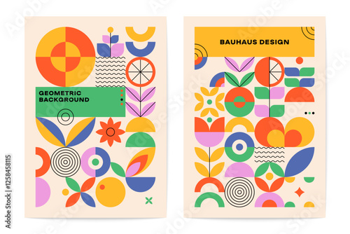 Green leaf posters. Abstract geometric poster set minimal mosaic plant flower ornament, bauhaus scandinavian tile composition for brochure flyer design. Vector collection