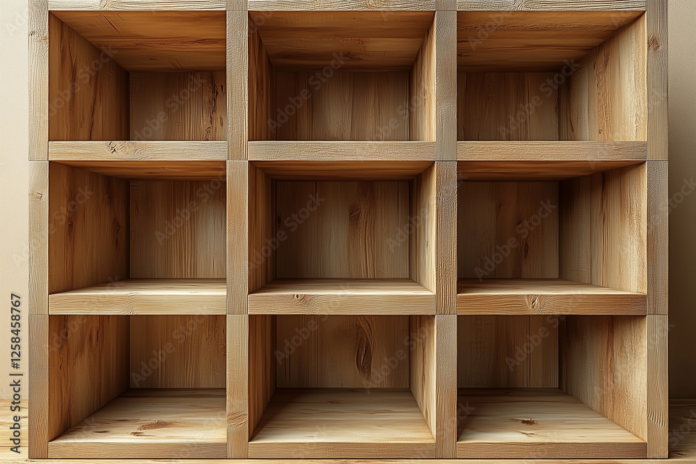 Wooden shelving unit with empty compartments in a modern interior setting
