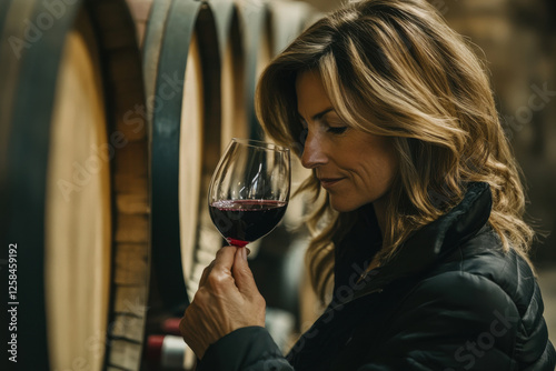 Woman sommelier tasting a glass of red wine in a wine cellar. Elegant woman in her 30's smelling and enjoying a glass of wine in a restaurant