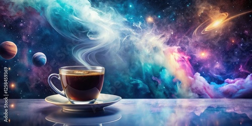 Wallpaper Mural A steaming cup of coffee rests on a reflective surface against a vibrant cosmic backdrop featuring swirling nebulae and distant planets. Torontodigital.ca