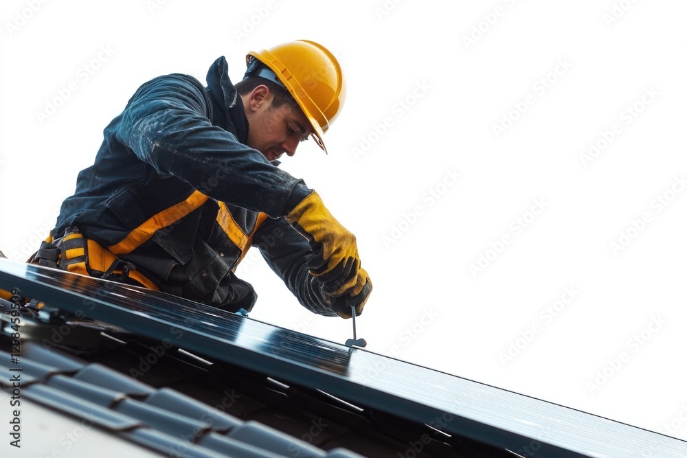A person working on solar panel installation on a roof, with a tool in hand A person working on solar panel installation on a roof, with a tool in hand