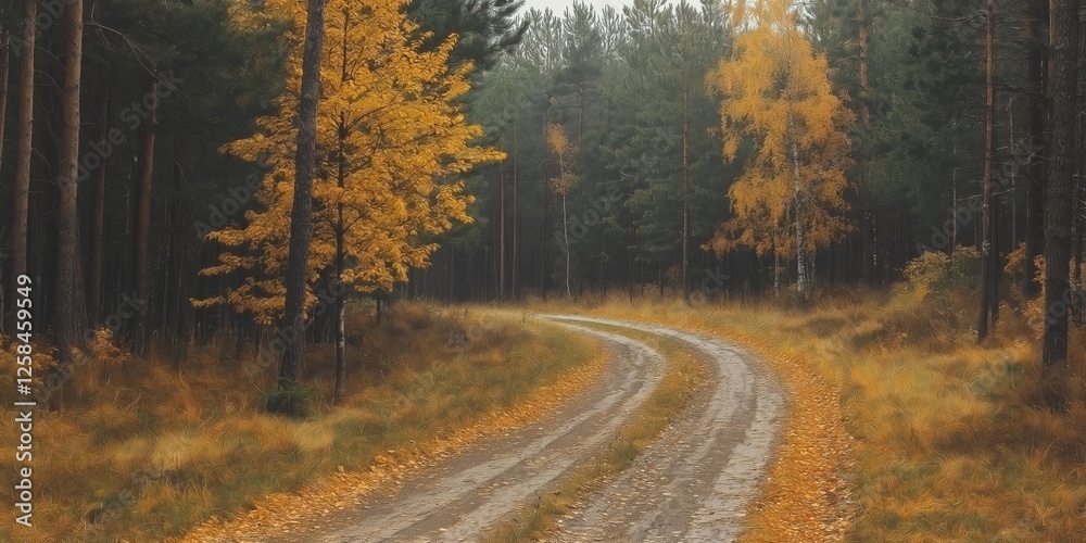 Fototapeta premium Autumn Forest Path With Falling Snow