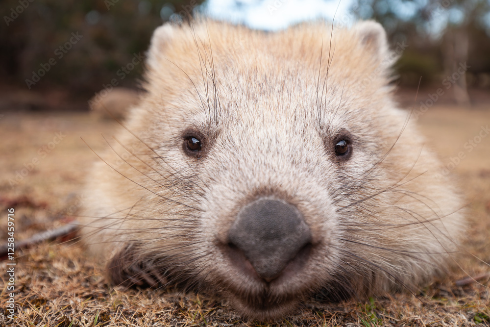 Wild Wombat Australia Tasmania Marsupial.
Front close up. Wild Wombat Australia Tasmania Marsupial.
Front close up.