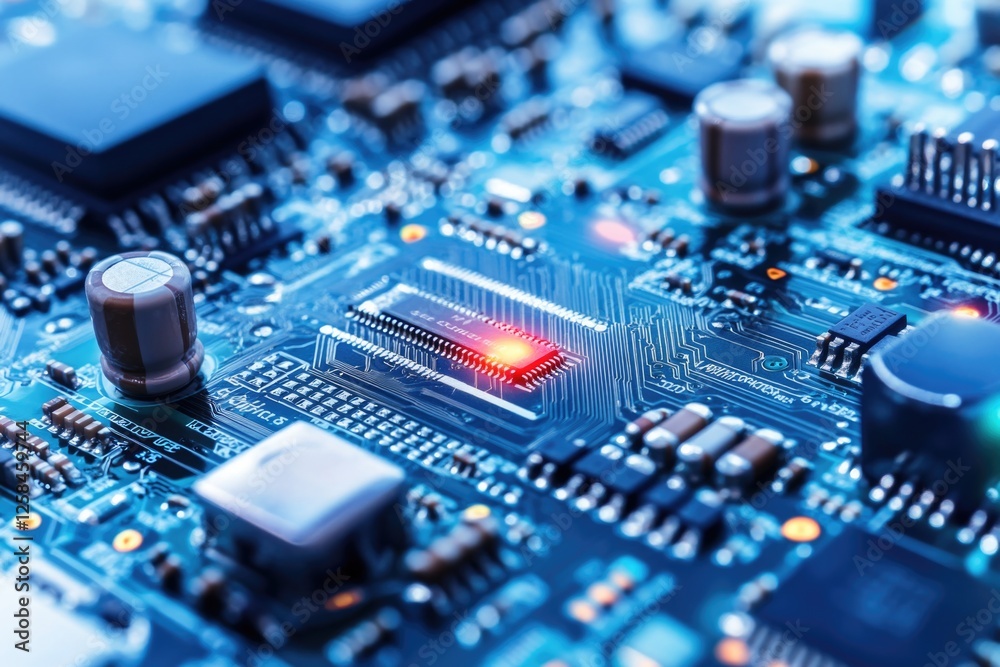 High-quality image of a computer motherboard's internal components High-quality image of a computer motherboard's internal components