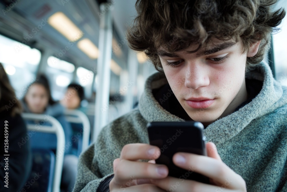 Fototapeta premium A person looks at their mobile device, possibly texting or browsing