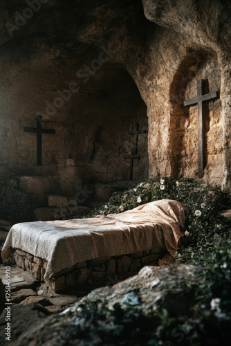 Crucifixion and Resurrection. He is Risen. Empty tomb of Jesus with crosses in the background and cinematic lighting. Easter or Resurrection