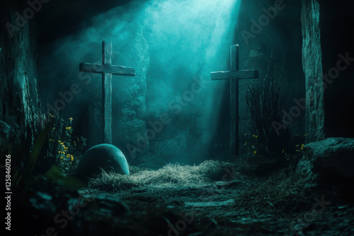 Crucifixion and Resurrection. He is Risen. Empty tomb of Jesus with crosses in the background and cinematic lighting. Easter or Resurrection