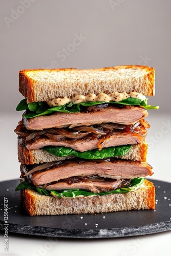 Layered sandwich featuring tender meat, fresh greens, and artisa photo