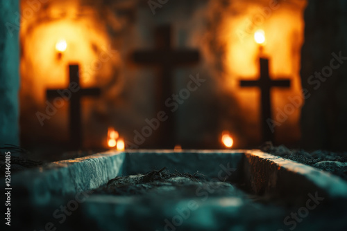 Crucifixion and Resurrection. He is Risen. Empty tomb of Jesus with crosses in the background and cinematic lighting. Easter or Resurrection